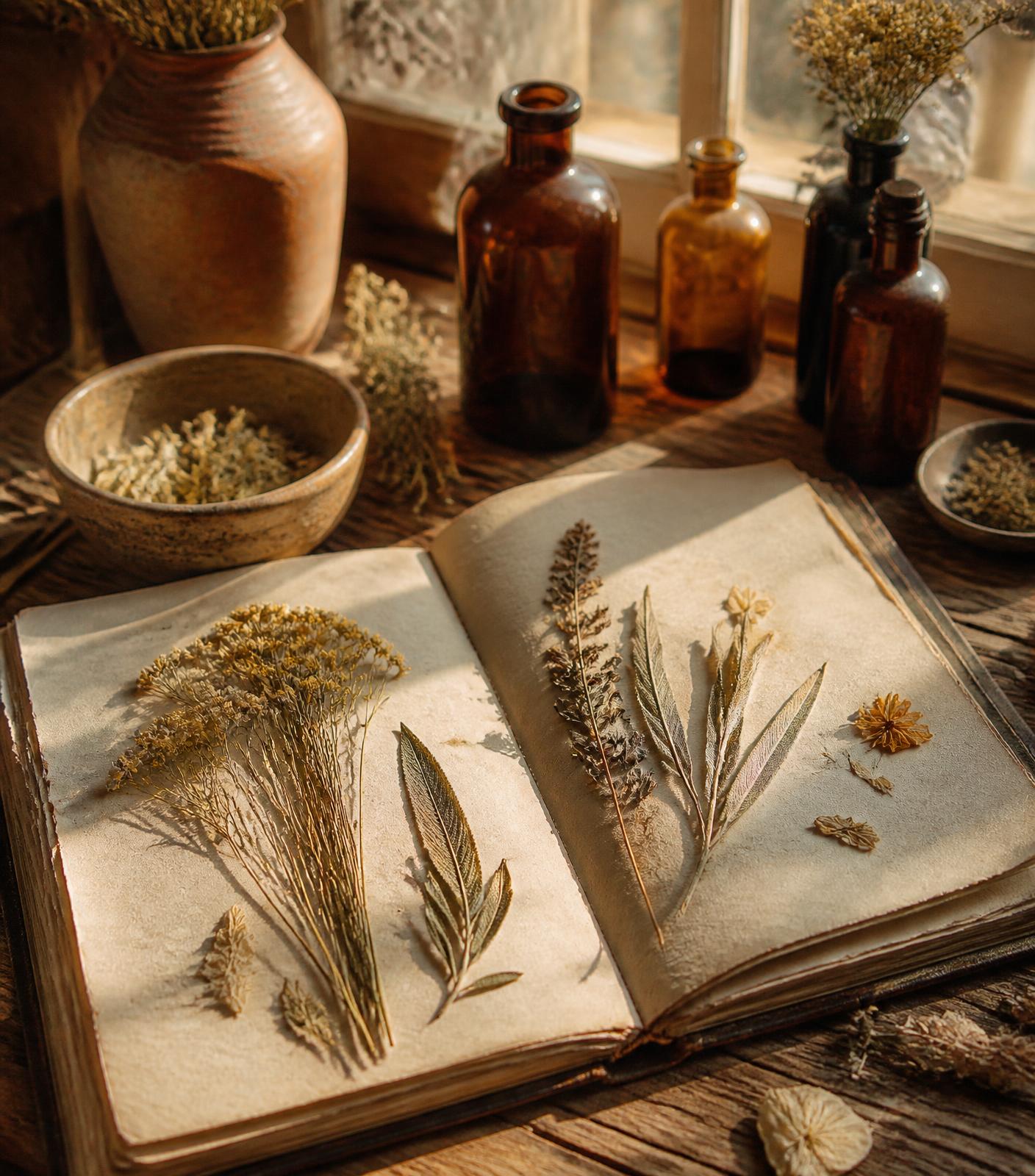An open field journal with pressed botanicals and amber glass bottles