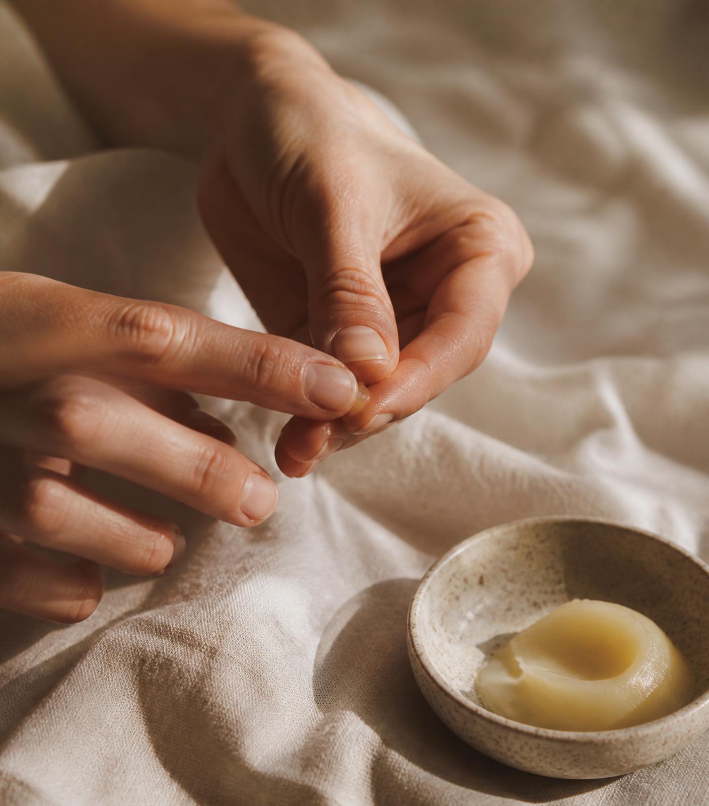 Hands warming a small amount of balm between fingertips in soft daylight